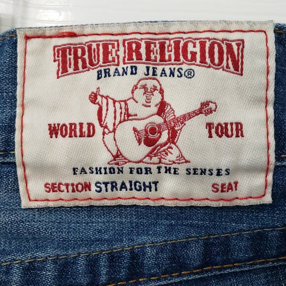 True Religion Men's Size 38 Flap Straight Jeans Medium Wash Blue - Picture 6 of 14